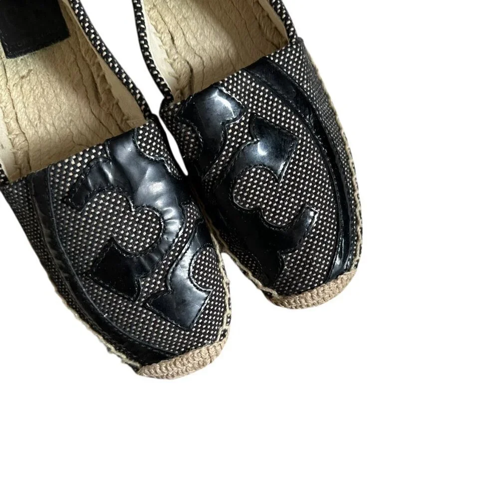 Tory Burch Lonnie Leather Logo Woven Espadrille Flats Size 6.5